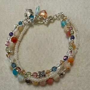 Multicolor Multilayer Beaded Czech Glass Bracelet with Silver Accents